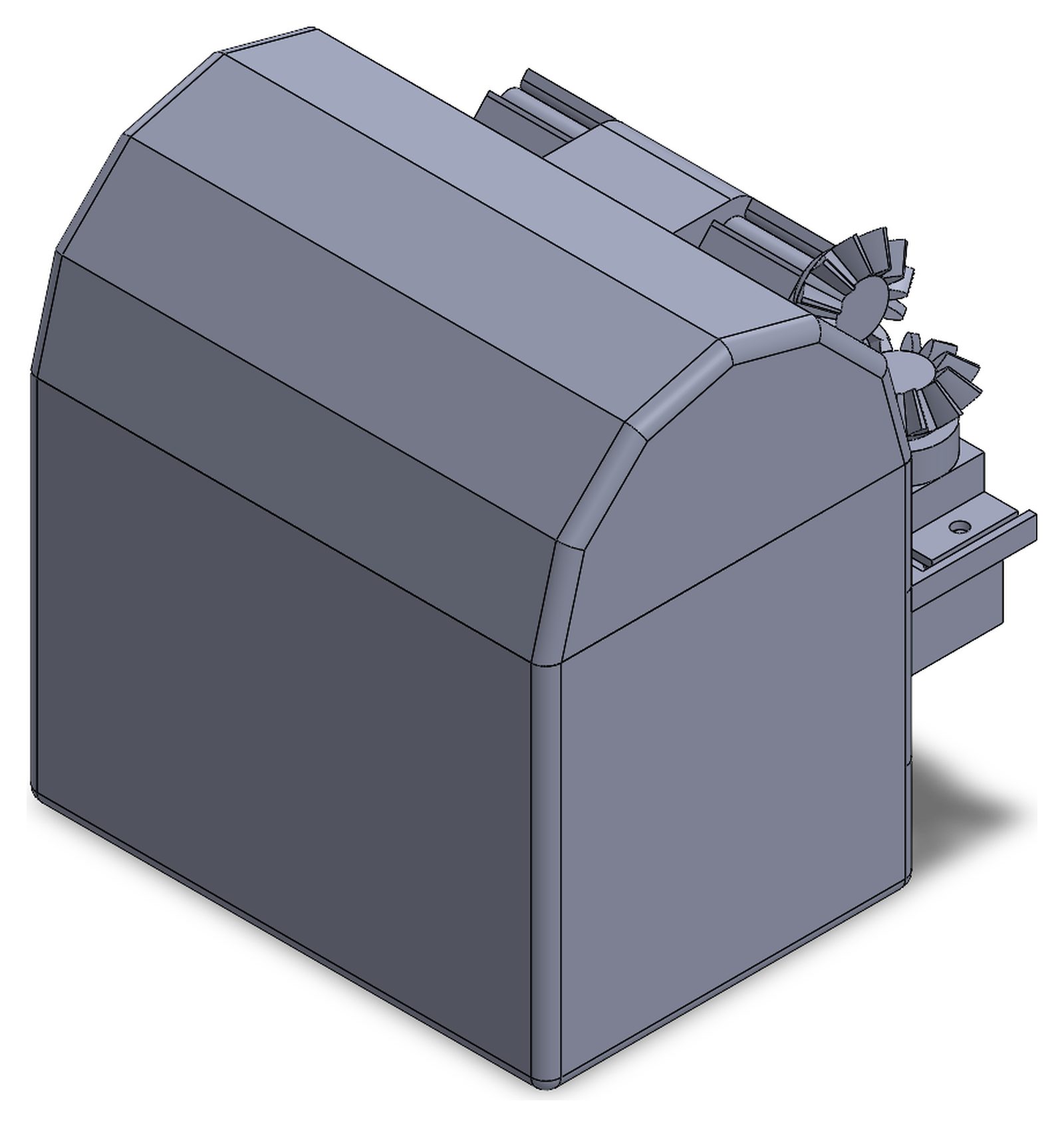 SolidWorks isometric of the closed treasure chest with the bevel gear pair visible at the back corner