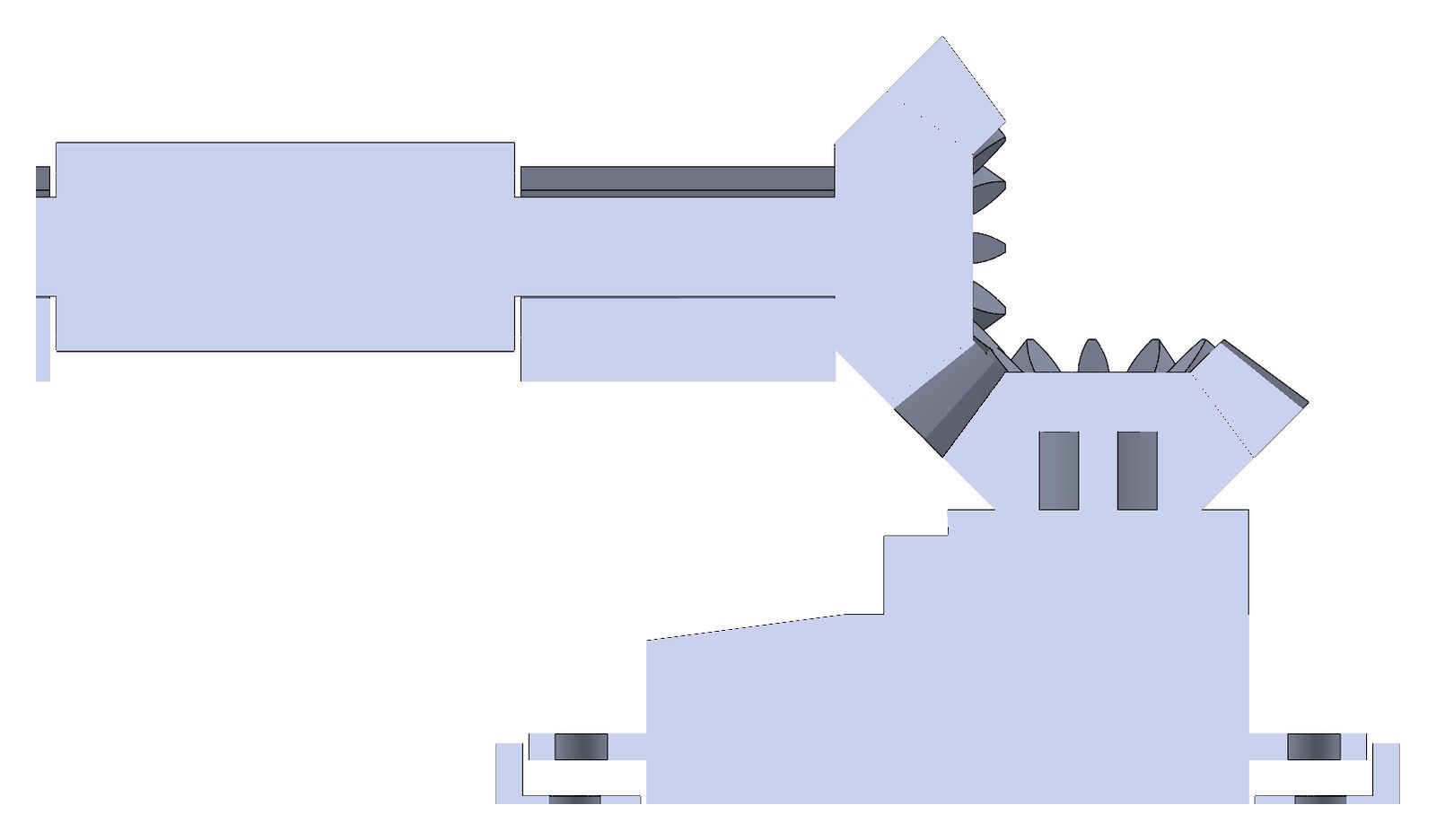 Section view through both gear axes showing two 45-degree bevel gears meeting at a right angle