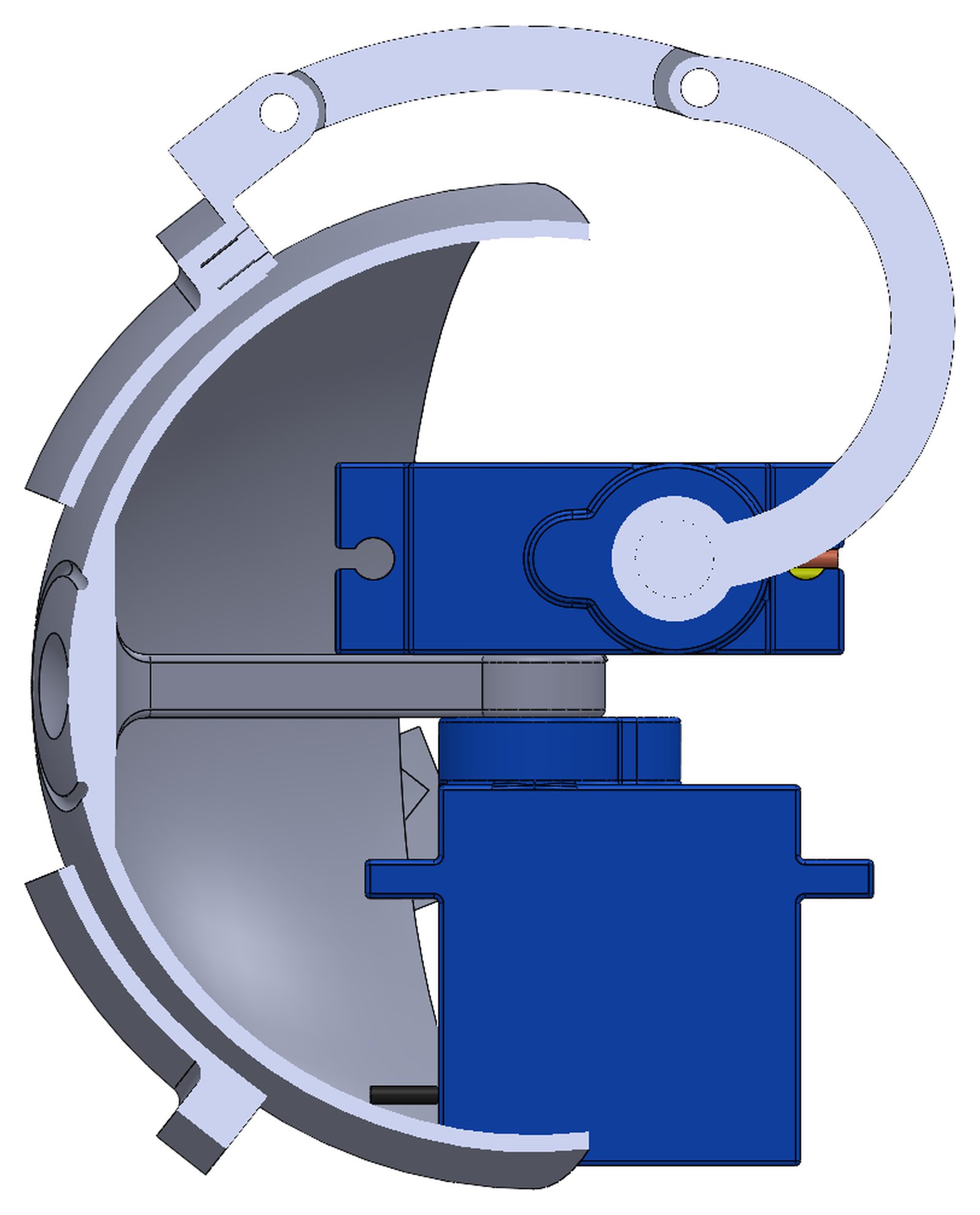 Section view through the linkage plane showing the thin eyeball and eyelid shells, crank and curved coupler arm, and two blue SG90 servos inside the eye