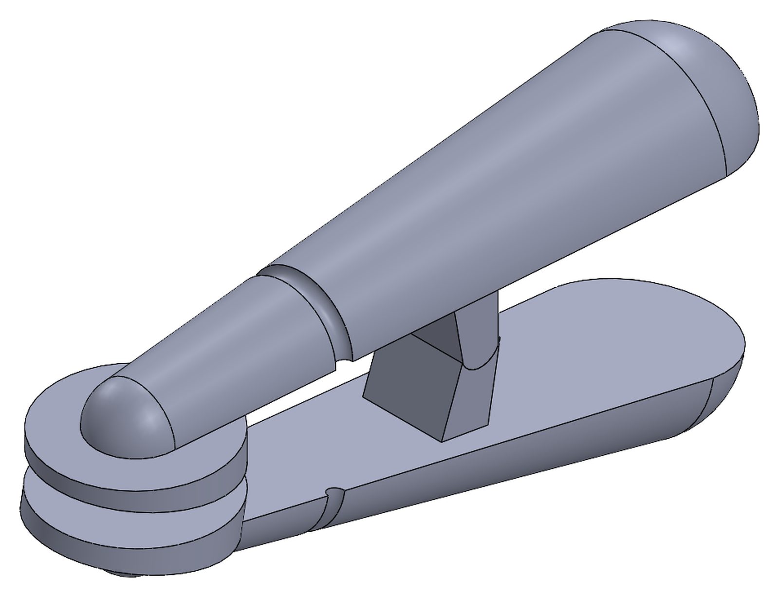 SolidWorks isometric of a two-part clip with a round hinge at one end