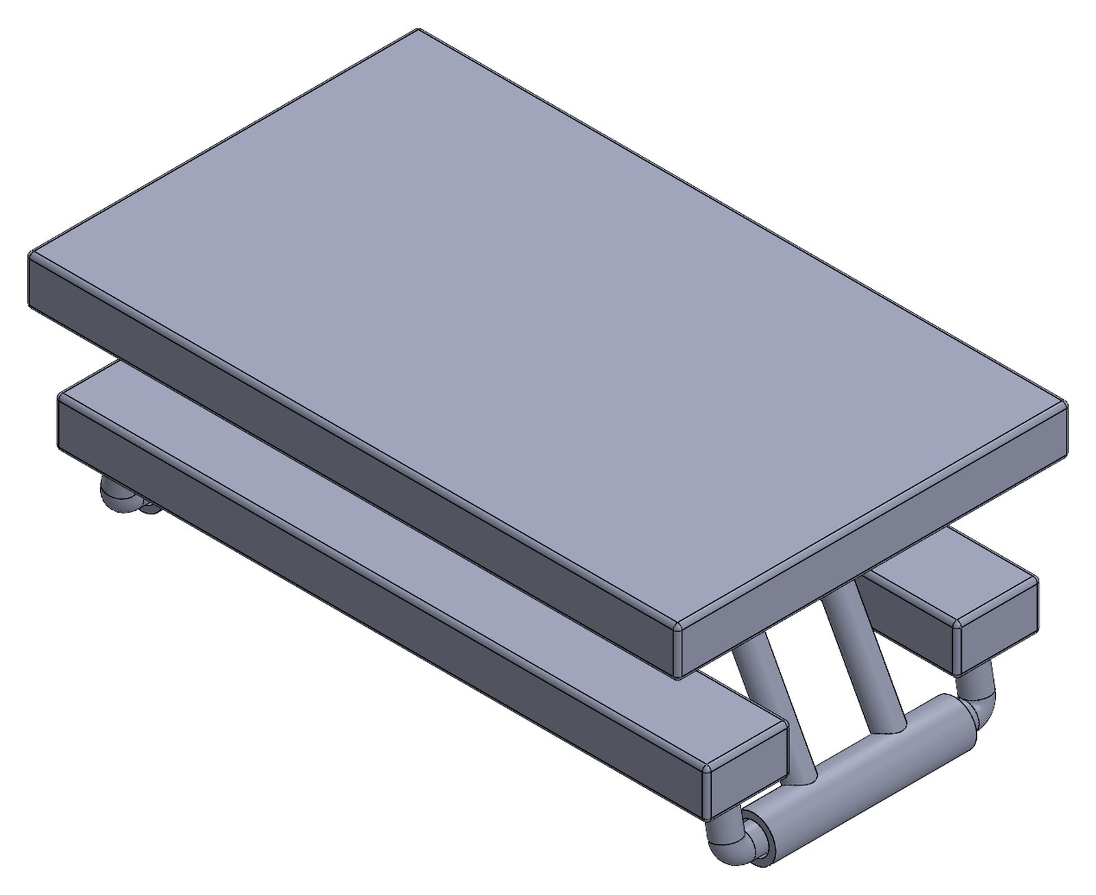 SolidWorks isometric of the scaled picnic table folded flat, with the bench seats and arms stowed under the tabletop